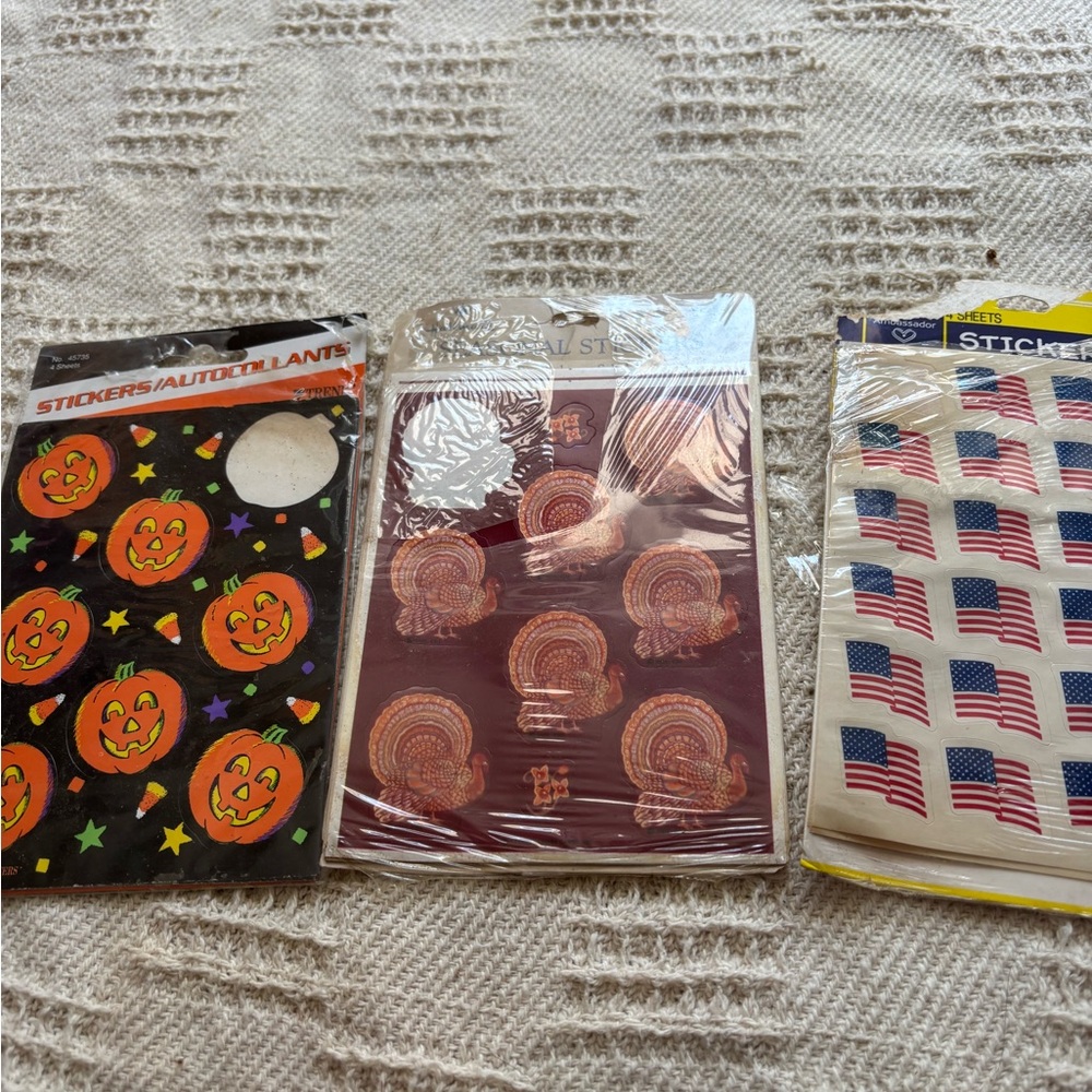 Vintage Stickers Thanksgiving Halloween Flag Day 3 Packs Opened Hallmark & Other